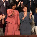 First Lady Michelle Obama waves, with, from left, Ellen Linderman of Carrington, N.D., Obama, Victoria Kennedy, wife of the late Sen. Edward Kennedy, D-Mass., and Jill Biden, wife of Vice President Joe Biden.